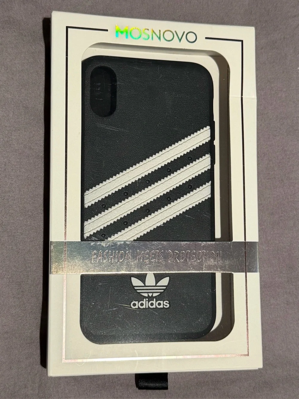 Adidas Black Phone Case with White Three-Stripes Trefoil